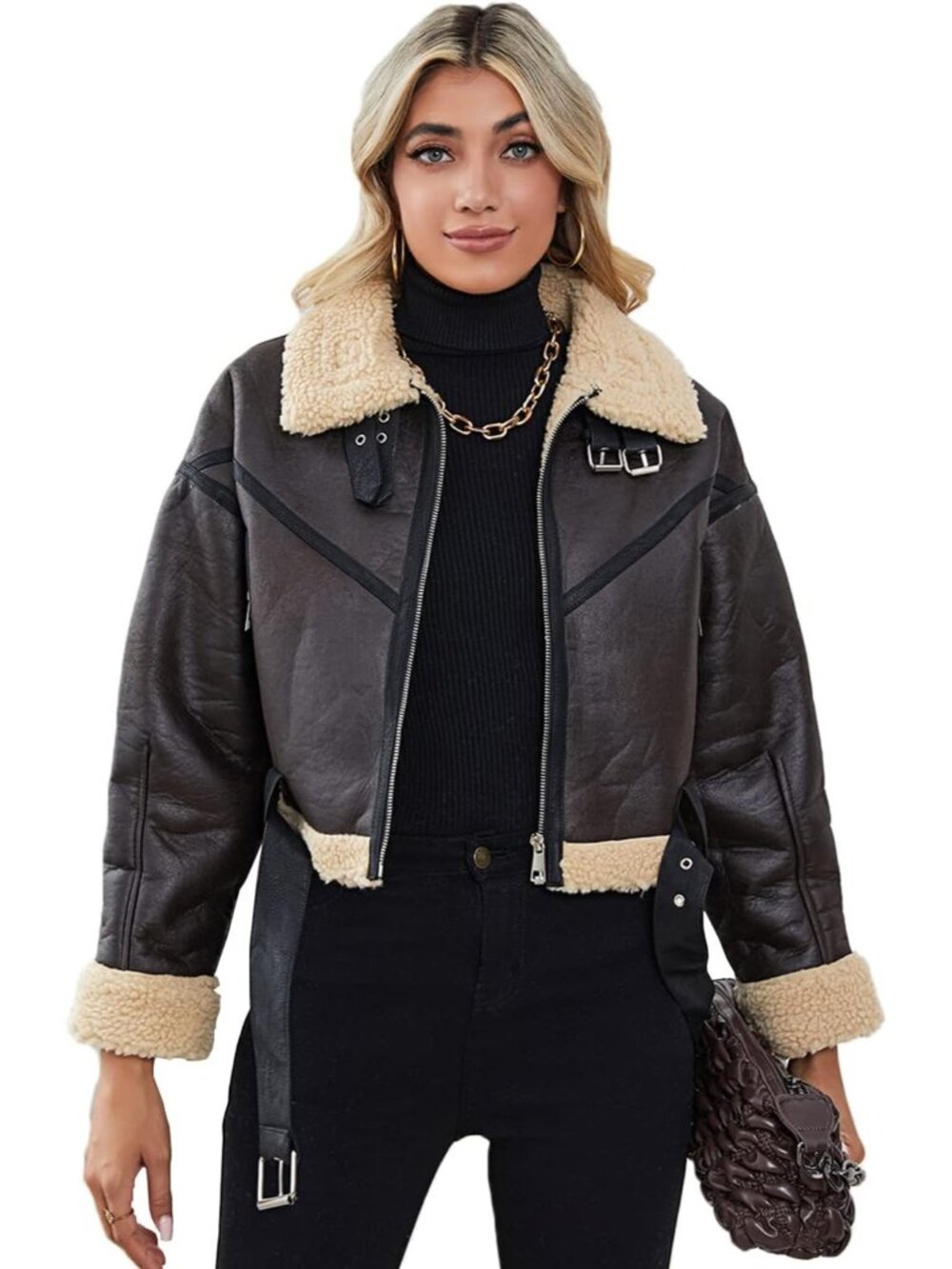 Women's Brown Faux Lamb Leather Short Jacket Loose Lapel Zipper Bomber Coat
